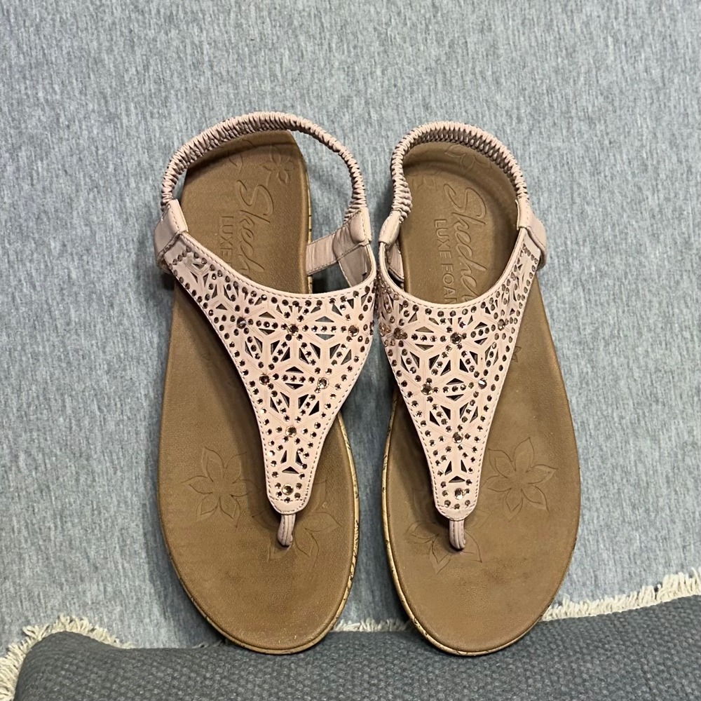 Skechers Luxe Foam Pink Laser Cut Rhinestone Wedge Sandals Elastic Slingback sz7